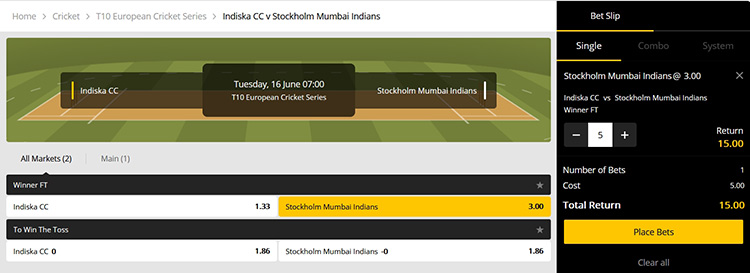 10Cric betting odds for cricket.