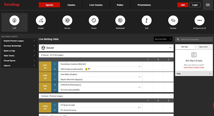Bodog Live sports betting on site.